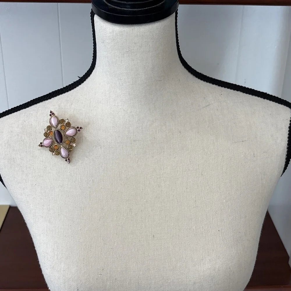 Multicolor Pink Purple Amber Cabochon Gold Brooch Pin Bold Flower Cross Shape